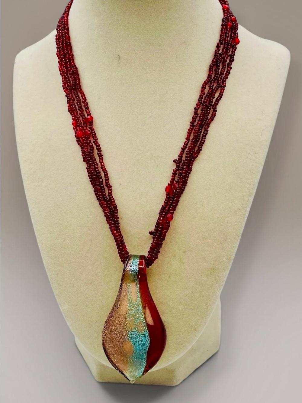 Vintage Multi Strand Seed Bead Necklace Murano Style Art Glass Pendant Boho